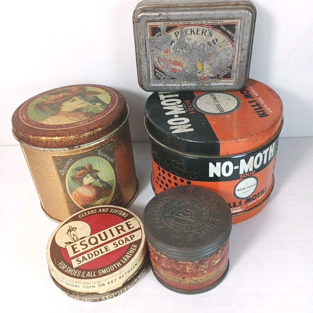 Lot of 5 Assorted VTG Empty Cans Tins Collectors Saddle Soap Moth Cola Stevens